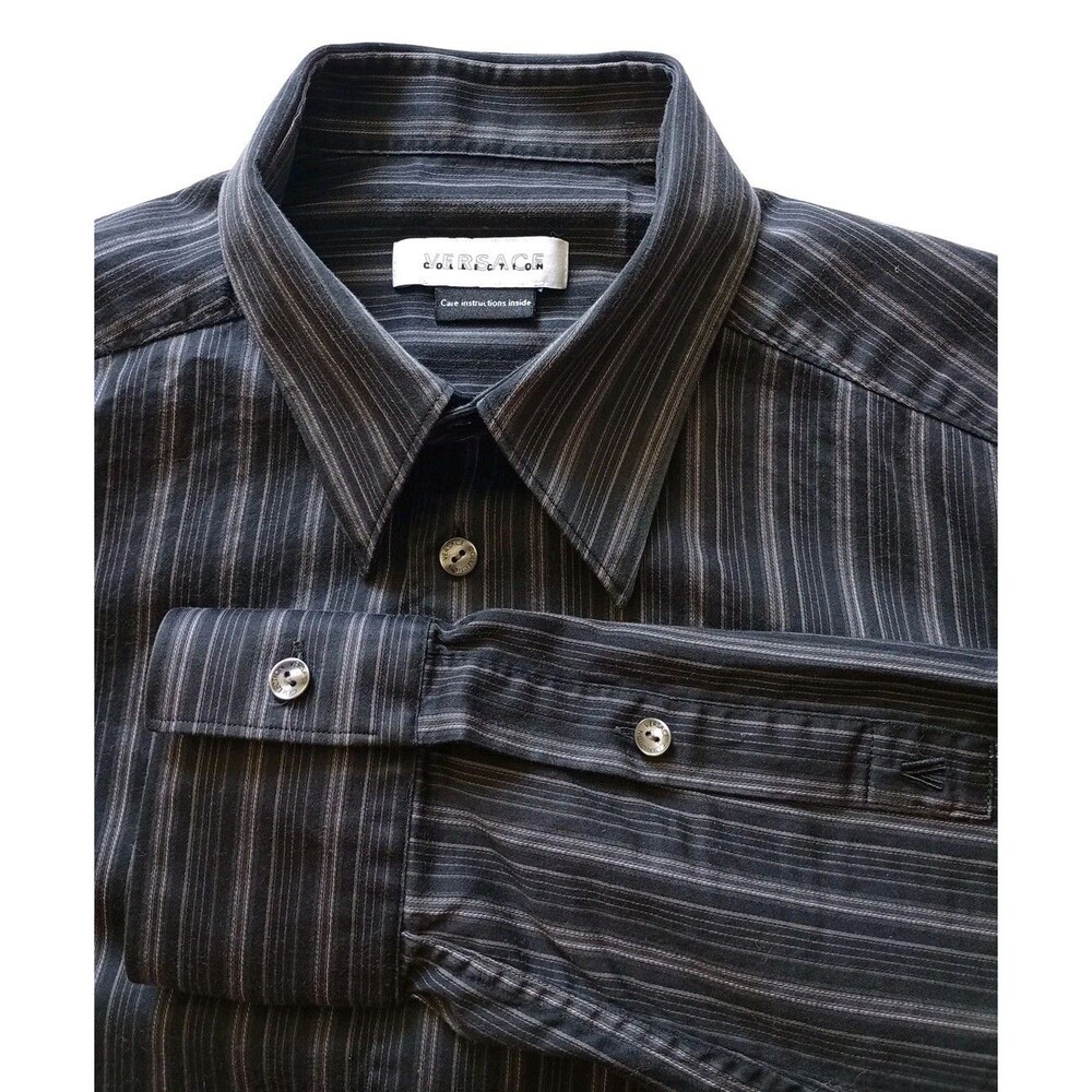 Versace Collection Striped Slim Fit Long Sleeve Shirt Size 41/ 16 Gray Black